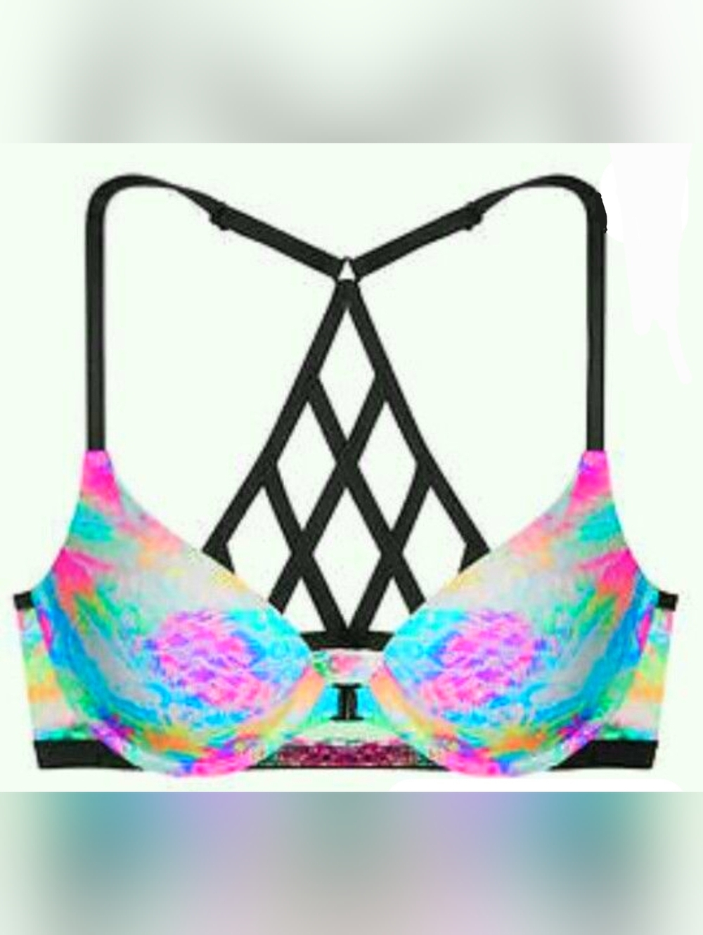 PINK Victoria's Secret Push Up Bra 32DD Front Closure Lace Underwire Padded Neon - Picture 11 of 12